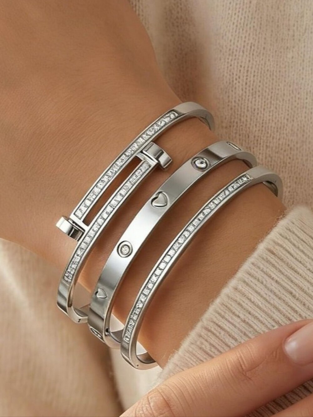 Silver Tone Crystal Accent Bangle Bracelet Set